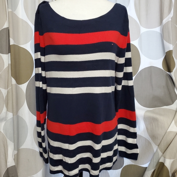 TOMMY HILFIGER Mixed-Stripe Boat Neck Sweater Logo - Picture 1 of 2